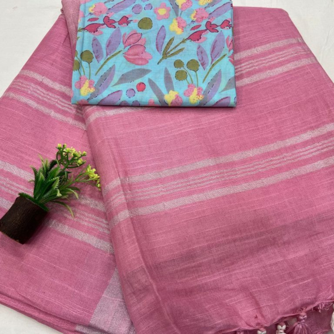 Luxurious Pink Linen Saree with Cotton Printed Blouse