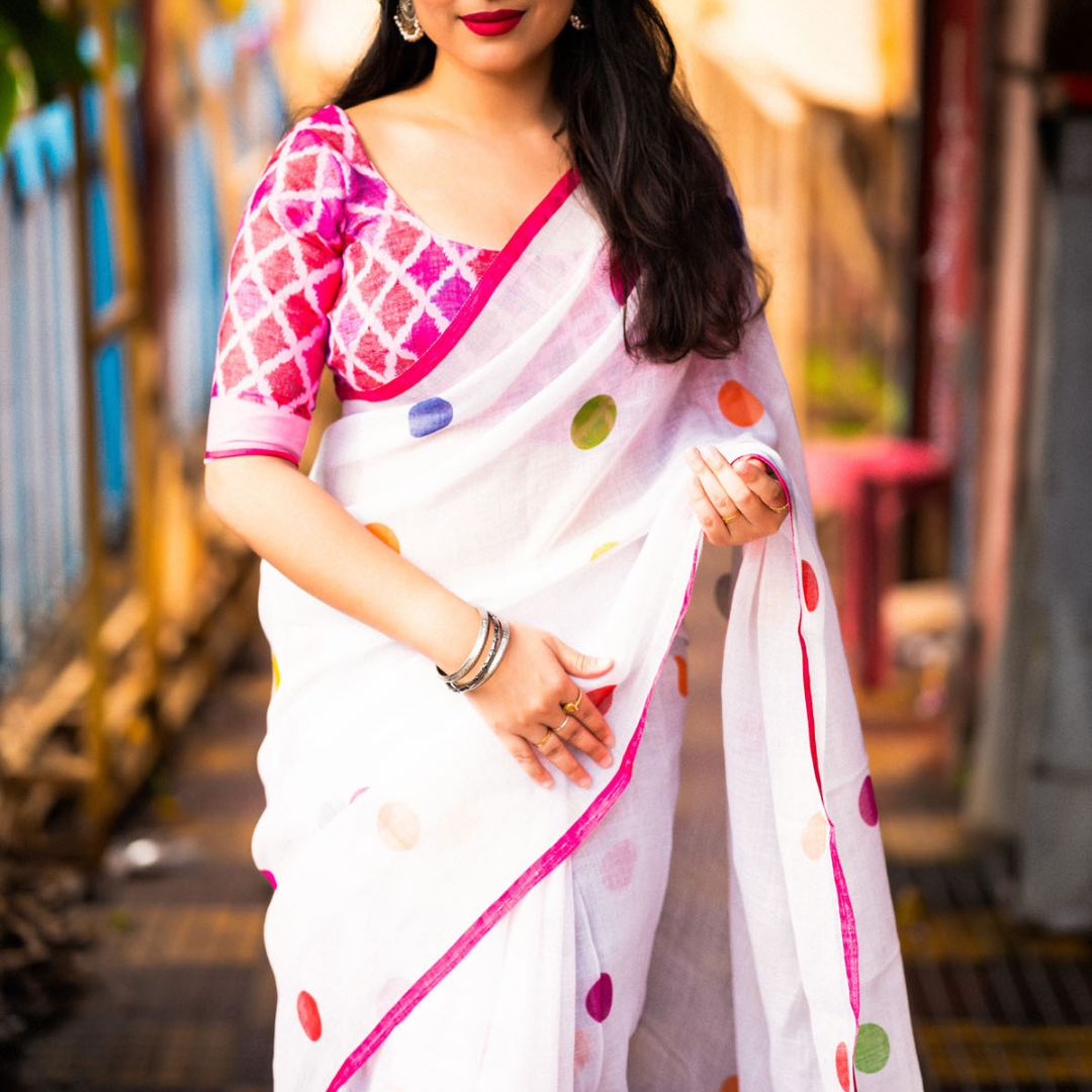 Pure Elegance - White & Pink Pure Linen Saree