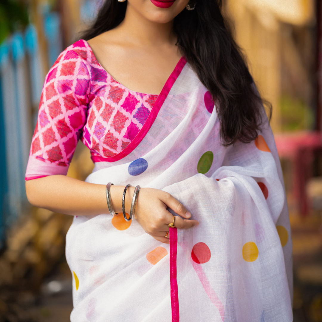 Pure Elegance - White & Pink Pure Linen Saree