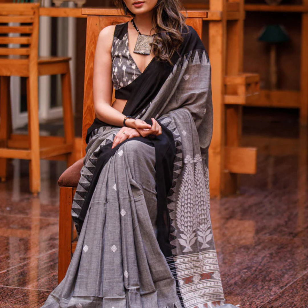 Dark Grey and Black Premium Linen Saree