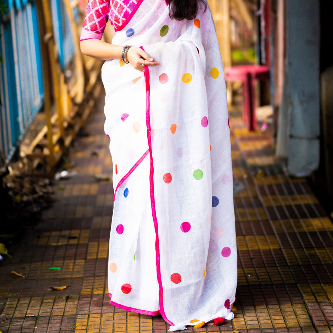 Pure Elegance - White & Pink Pure Linen Saree