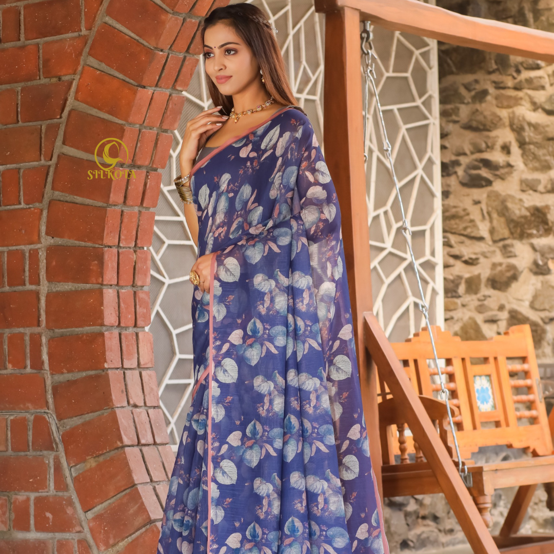 Purply Blue Premium Plain Linen Saree