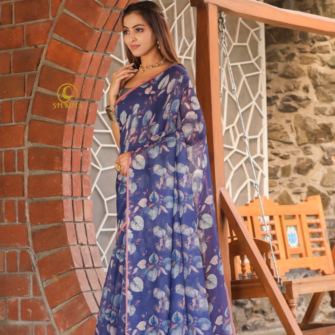 Purply Blue Premium Plain Linen Saree