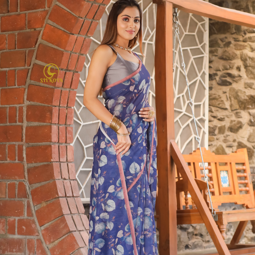 Purply Blue Premium Plain Linen Saree