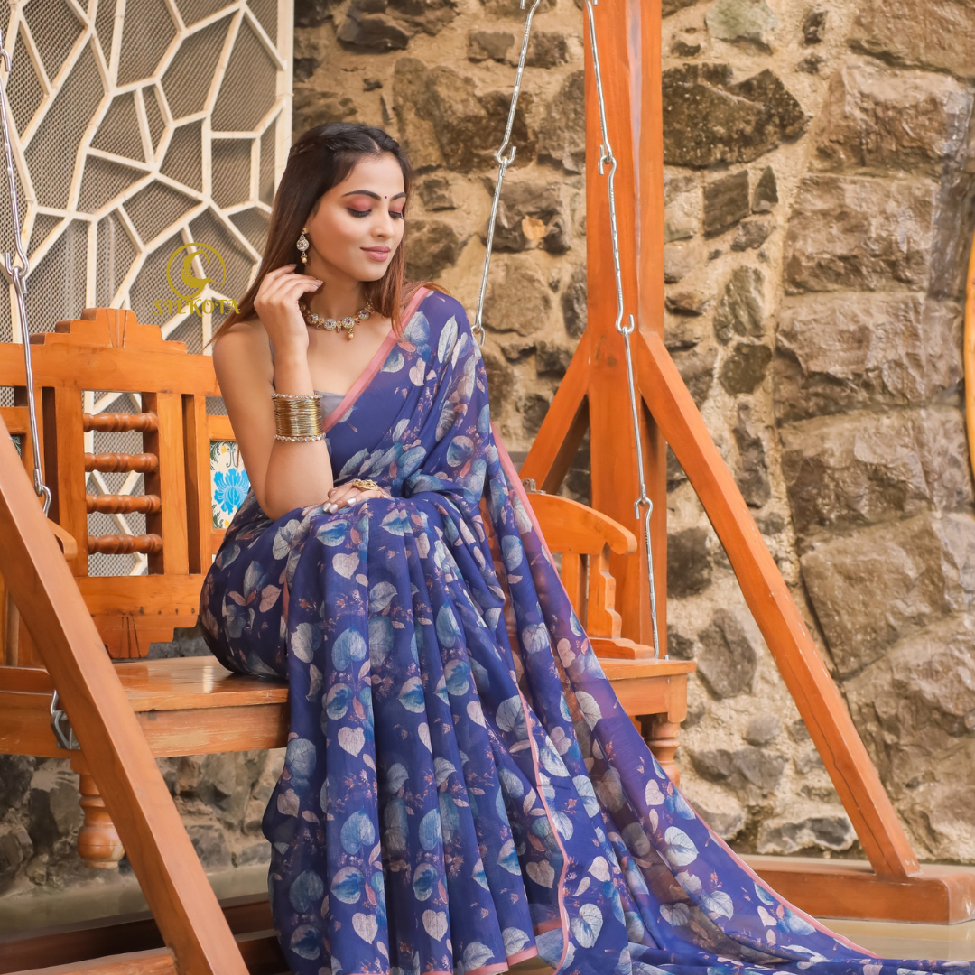 Purply Blue Premium Plain Linen Saree