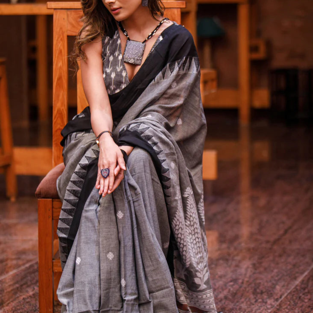 Dark Grey and Black Premium Linen Saree