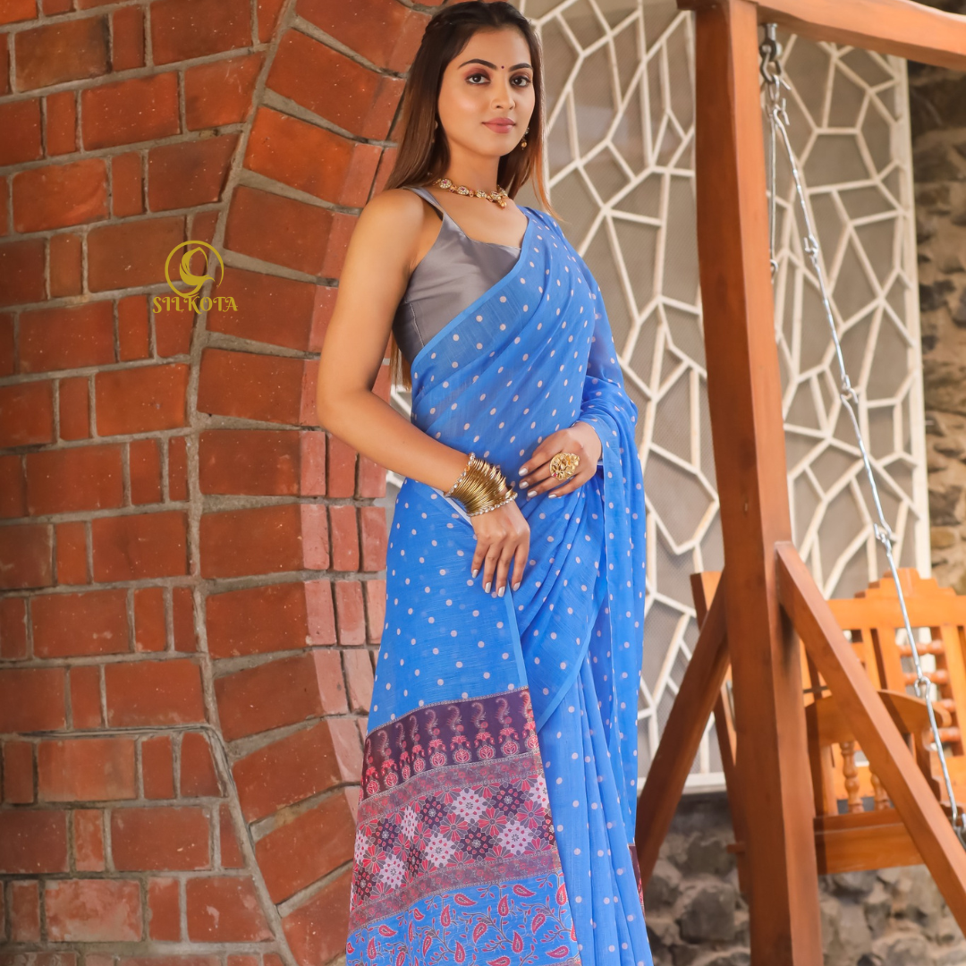 Ocean Breeze-Blue Premium Plain Linen Saree