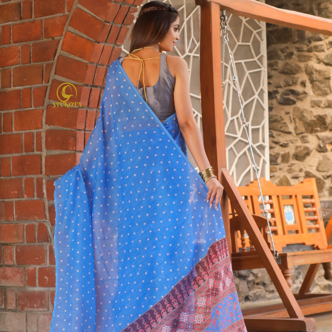 Ocean Breeze-Blue Premium Plain Linen Saree