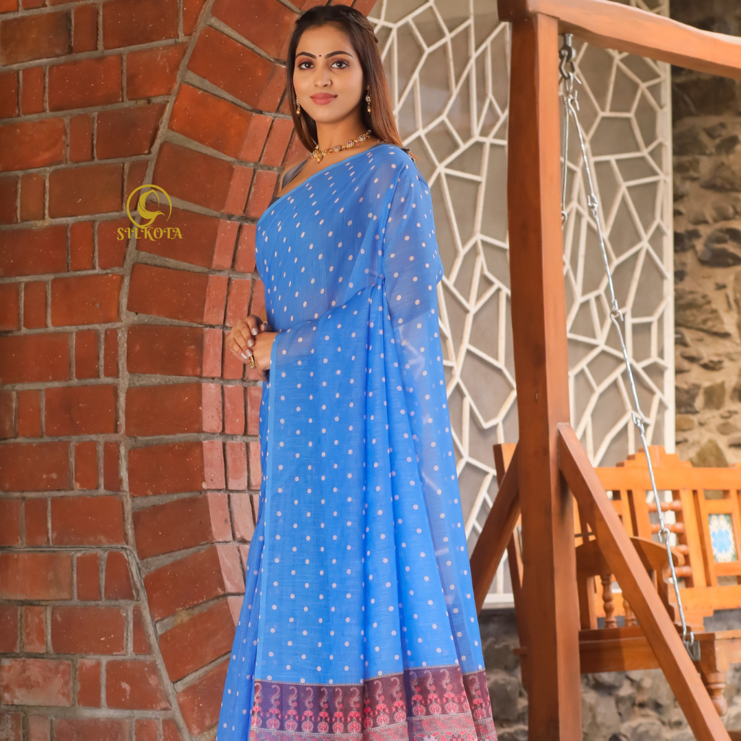 Ocean Breeze-Blue Premium Plain Linen Saree