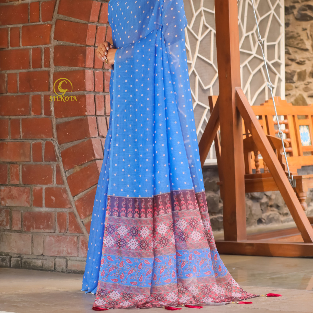 Ocean Breeze-Blue Premium Plain Linen Saree