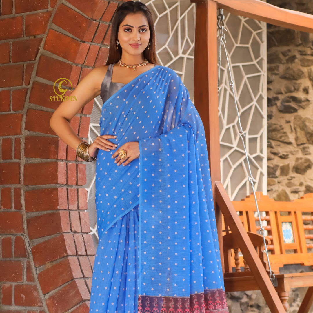 Ocean Breeze-Blue Premium Plain Linen Saree