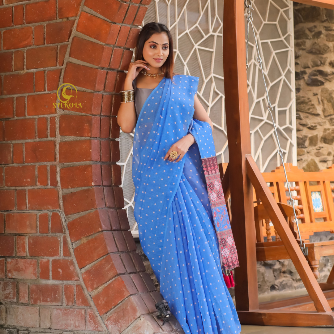 Ocean Breeze-Blue Premium Plain Linen Saree