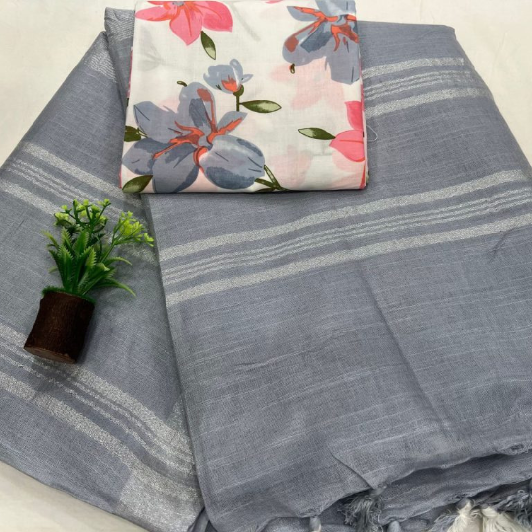 Luxurious Gray Linen Saree with Unstitched Cotton Printed Blouse