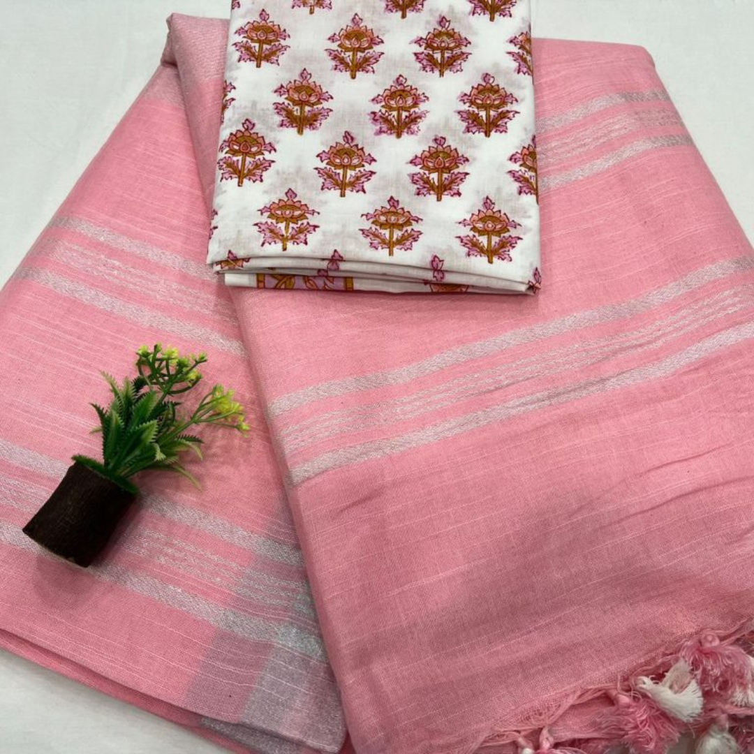 Light Pink Simple Linen Saree with Unstitched Printed Blouse