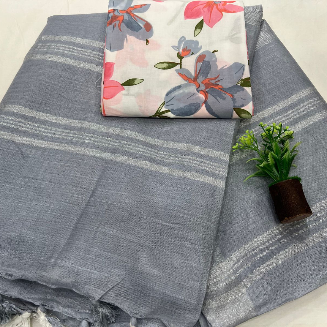 Luxurious Gray Linen Saree with Unstitched Cotton Printed Blouse