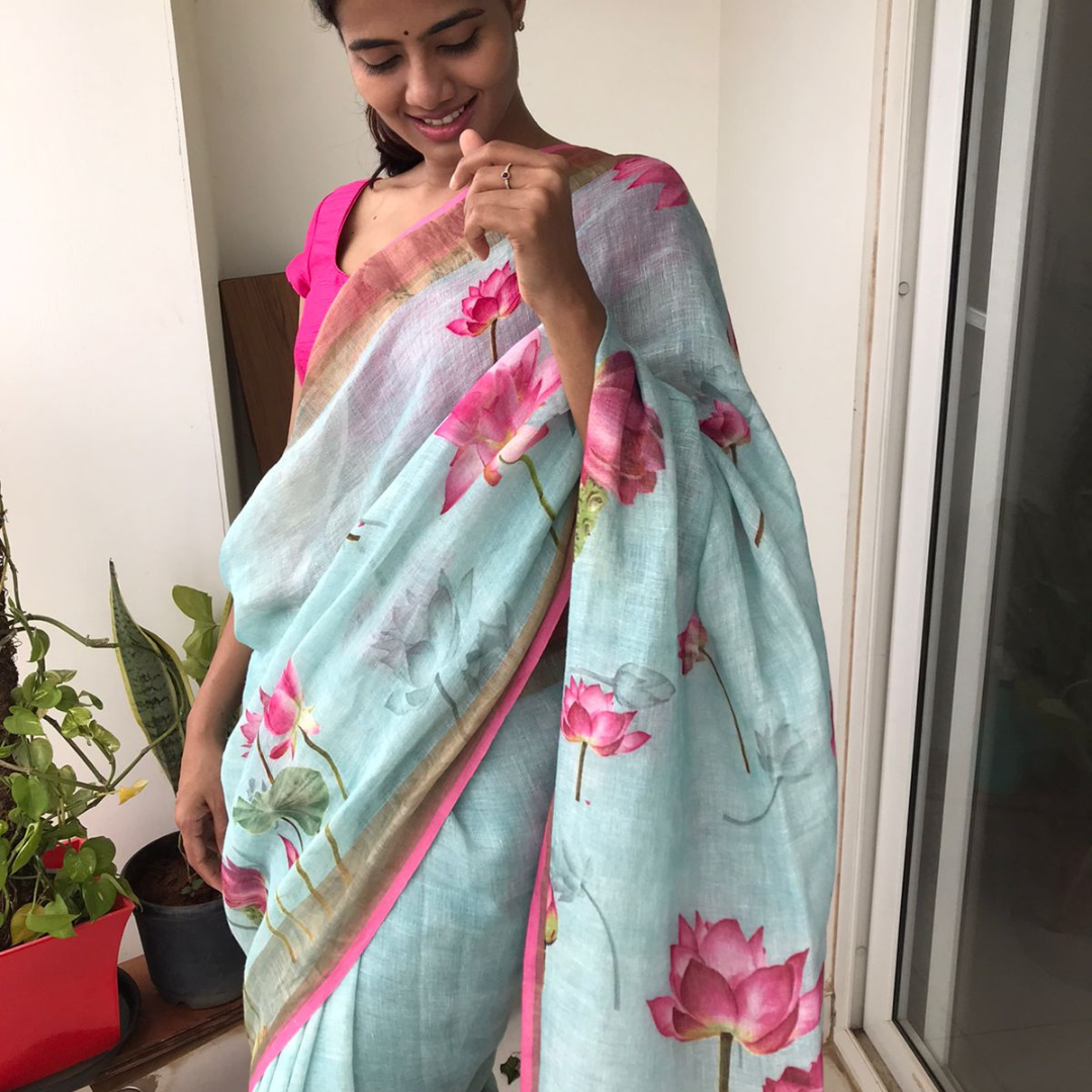 Luxurious Sky Blue Linen Saree with Blouse