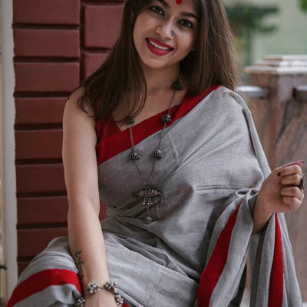 Elegant Grey and Red Digital Printed Linen Saree