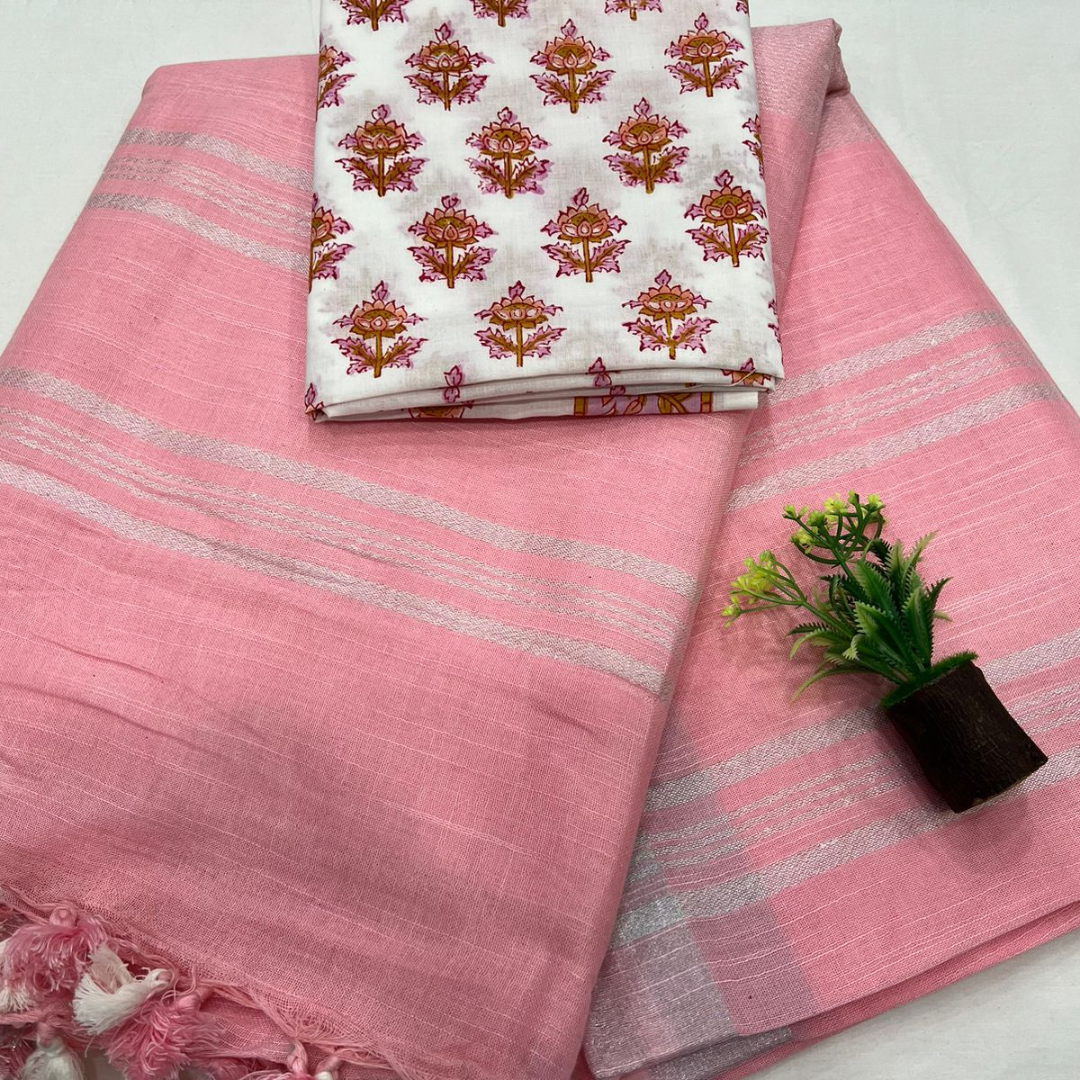 Light Pink Simple Linen Saree with Unstitched Printed Blouse