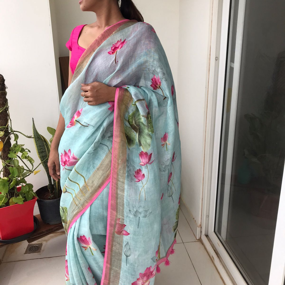 Luxurious Sky Blue Linen Saree with Blouse