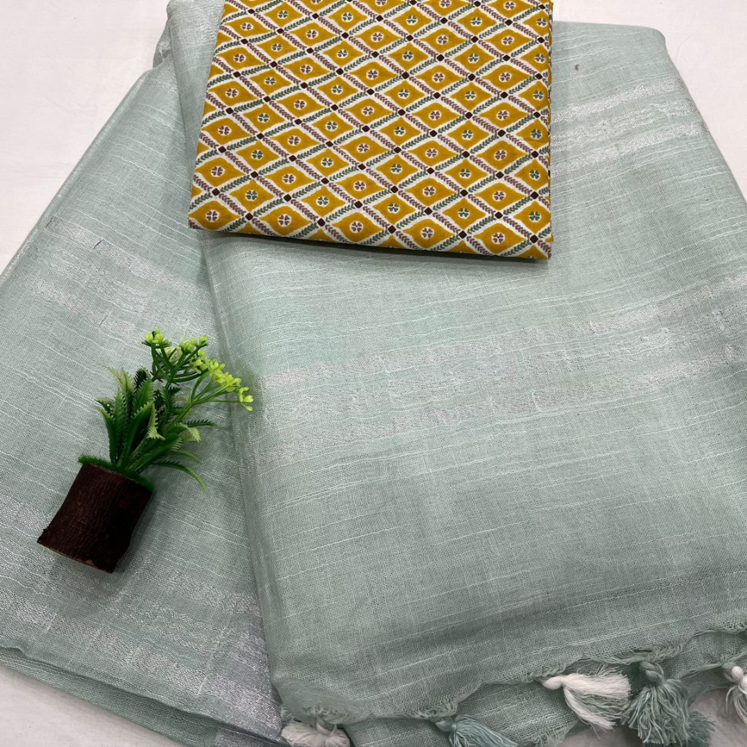 Linen Saree with Unstitched Cotton Printed Blouse