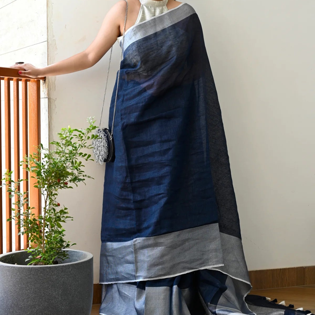 Navy Blue Premium Digital Printed Linen Saree