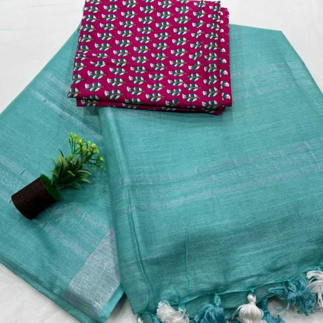 Elegant Versatility -Luxurious Linen Saree with Unstitched Cotton Printed Blouse