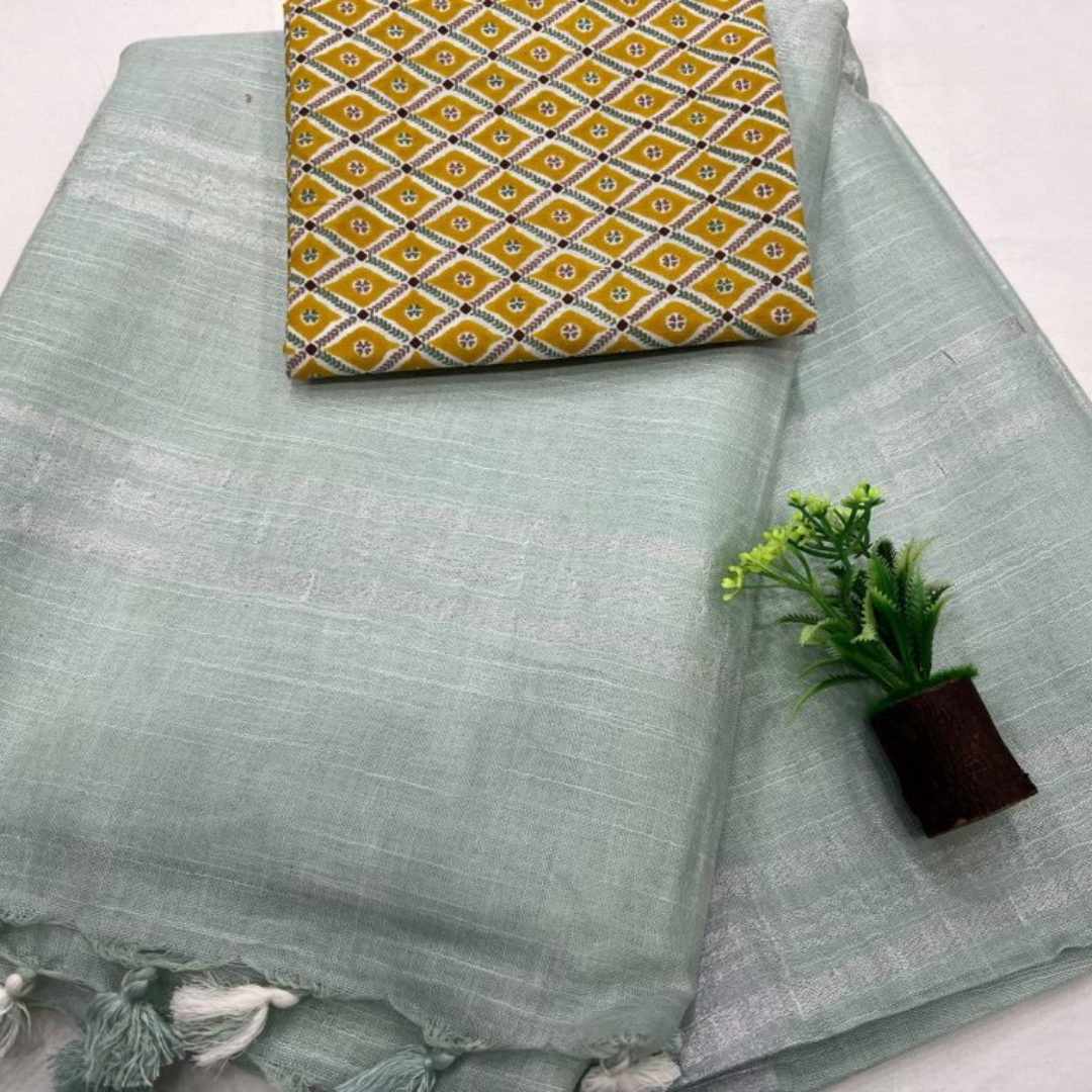 Linen Saree with Unstitched Cotton Printed Blouse