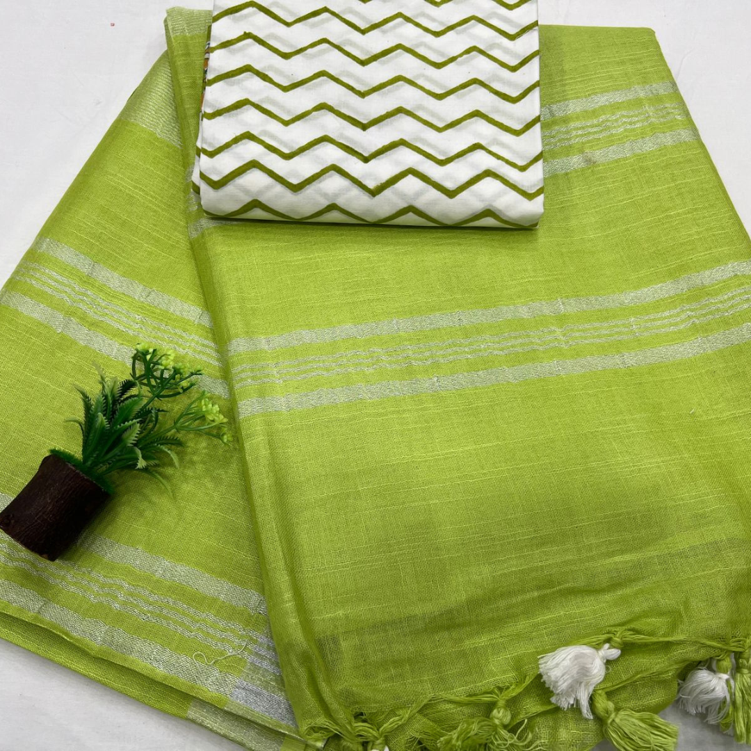 Versatile Elegance-Luxurious Linen Saree with Unstitched Cotton Printed Blouse