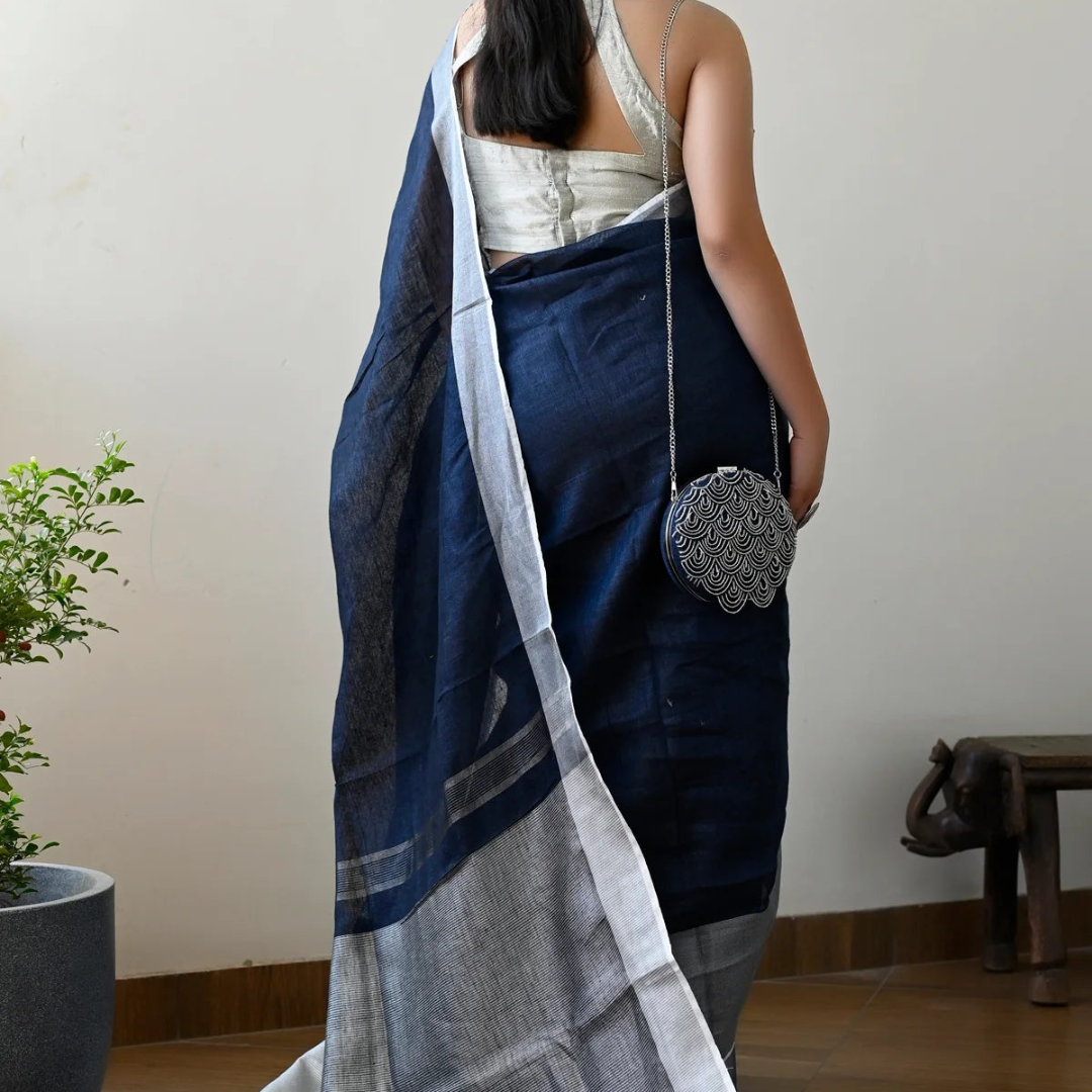 Navy Blue Premium Digital Printed Linen Saree