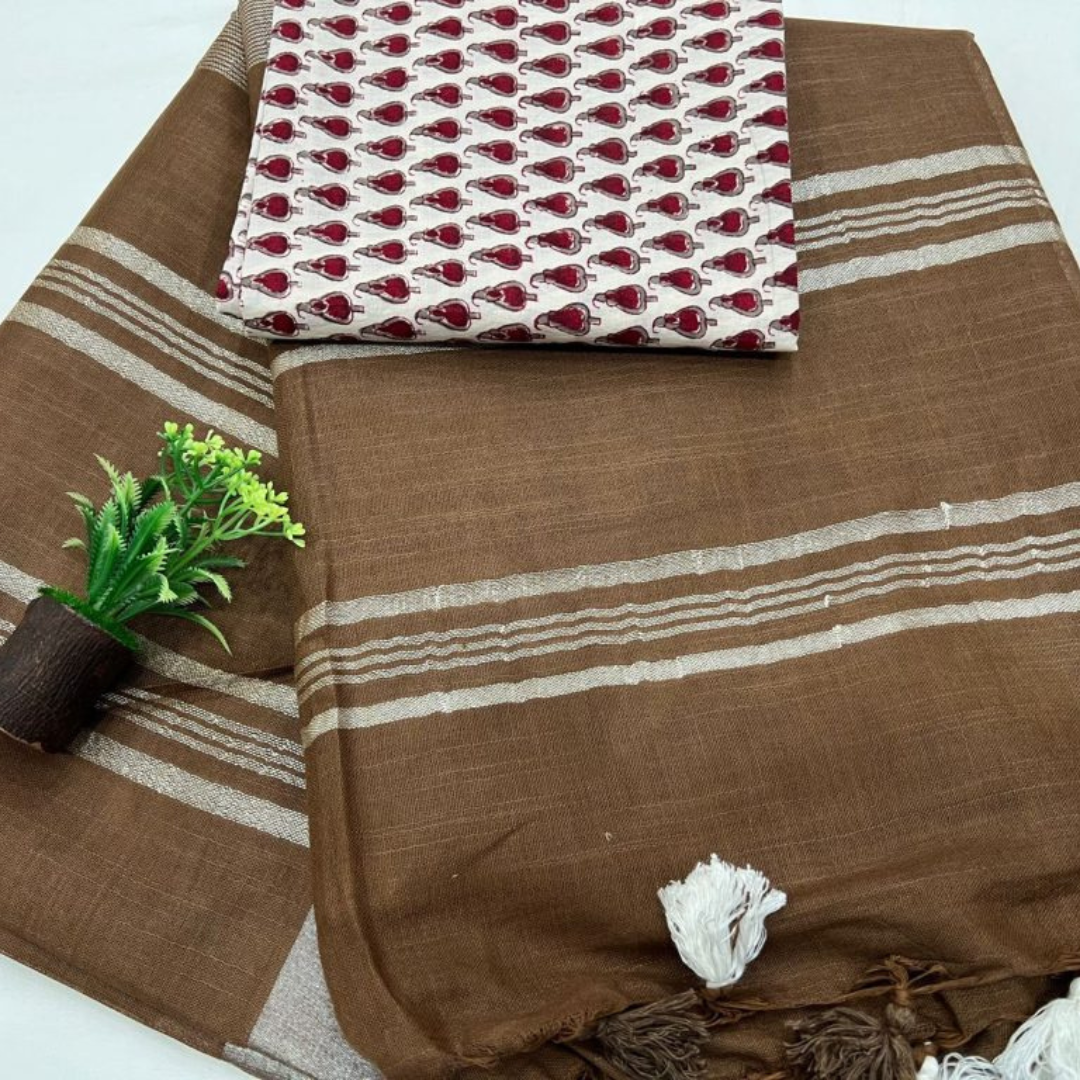 Coffee Brown Plain Linen Saree with Unstitched Cotton Printed Blouse