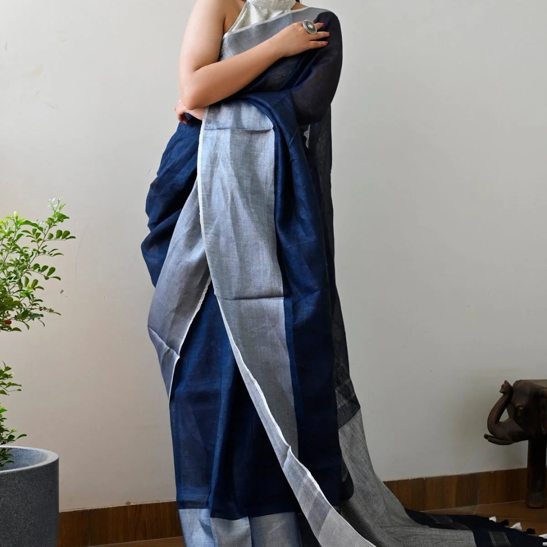 Navy Blue Premium Digital Printed Linen Saree