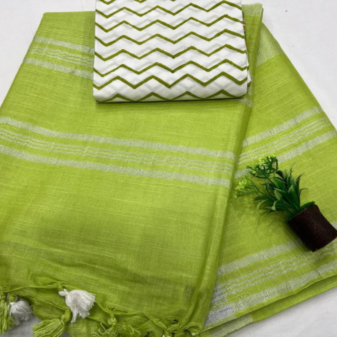 Versatile Elegance-Luxurious Linen Saree with Unstitched Cotton Printed Blouse