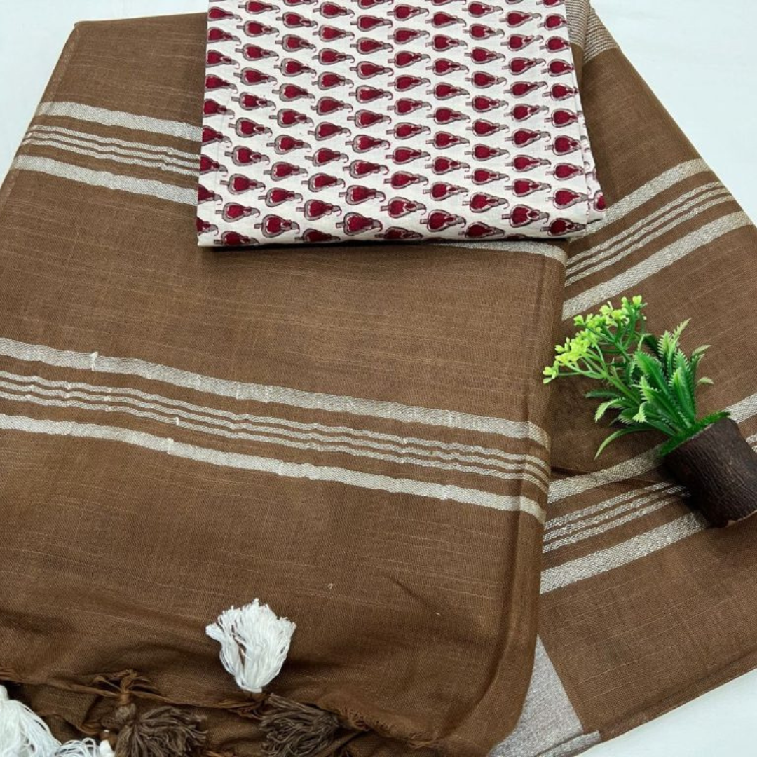 Coffee Brown Plain Linen Saree with Unstitched Cotton Printed Blouse