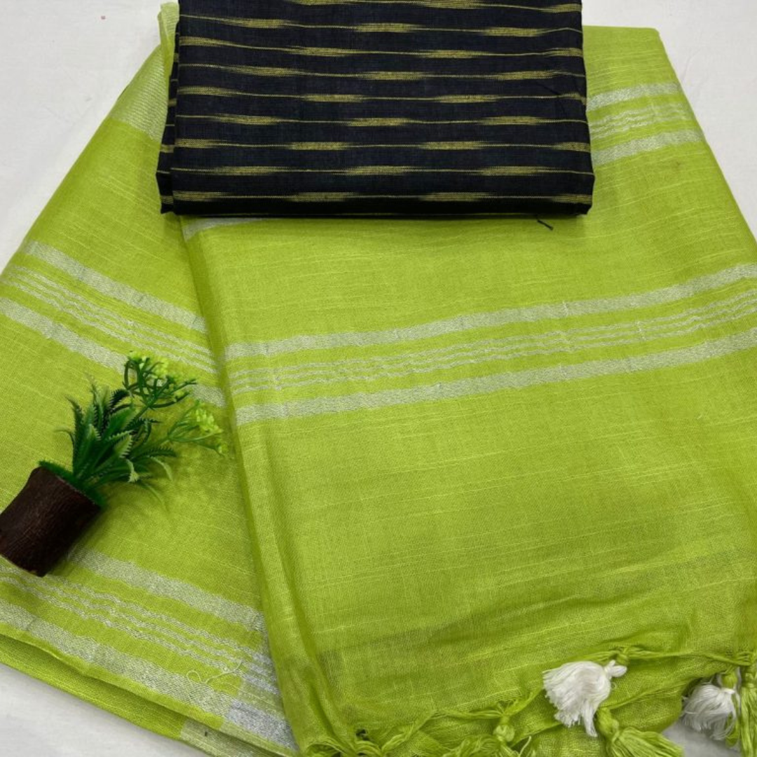 Luxurious Lemon Green Linen Saree with Blouse