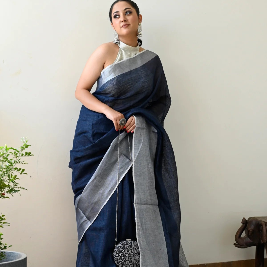 Navy Blue Premium Digital Printed Linen Saree