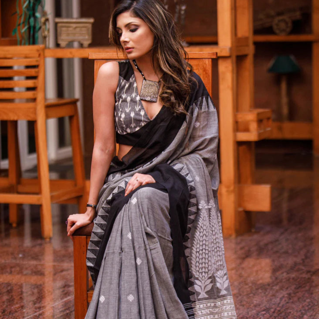 Dark Grey and Black Premium Linen Saree