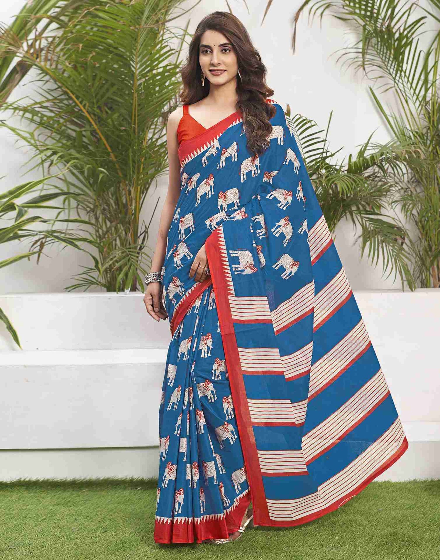 Graceful Blue Printed Cotton Saree