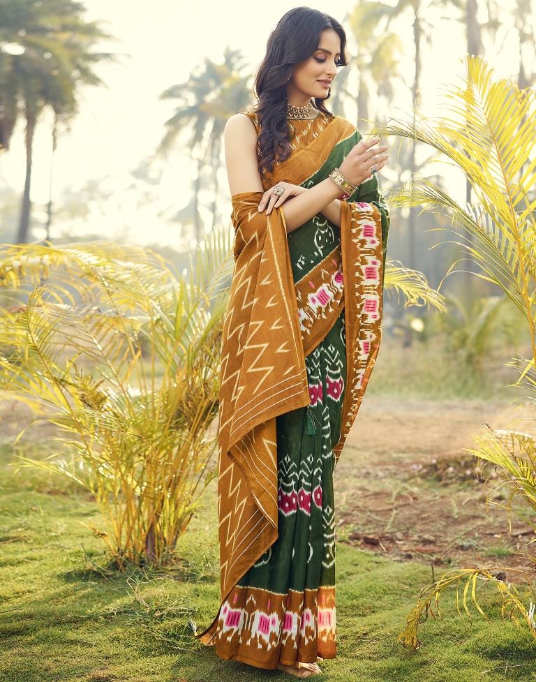 Stunning Brownish Orange and Green Cotton Saree