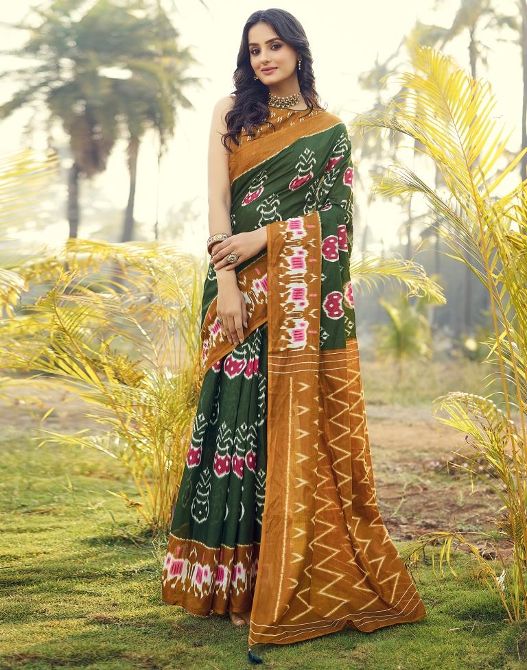 Stunning Brownish Orange and Green Cotton Saree