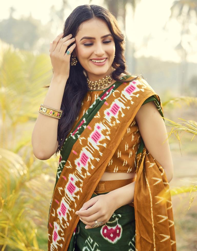 Stunning Brownish Orange and Green Cotton Saree