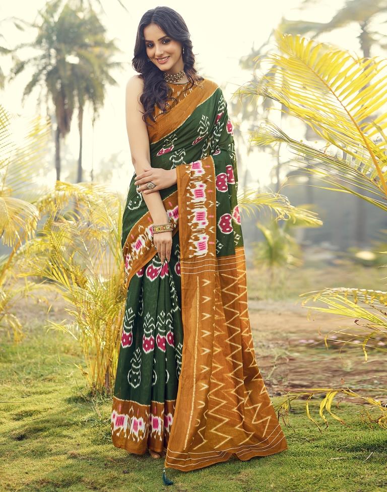 Stunning Brownish Orange and Green Cotton Saree