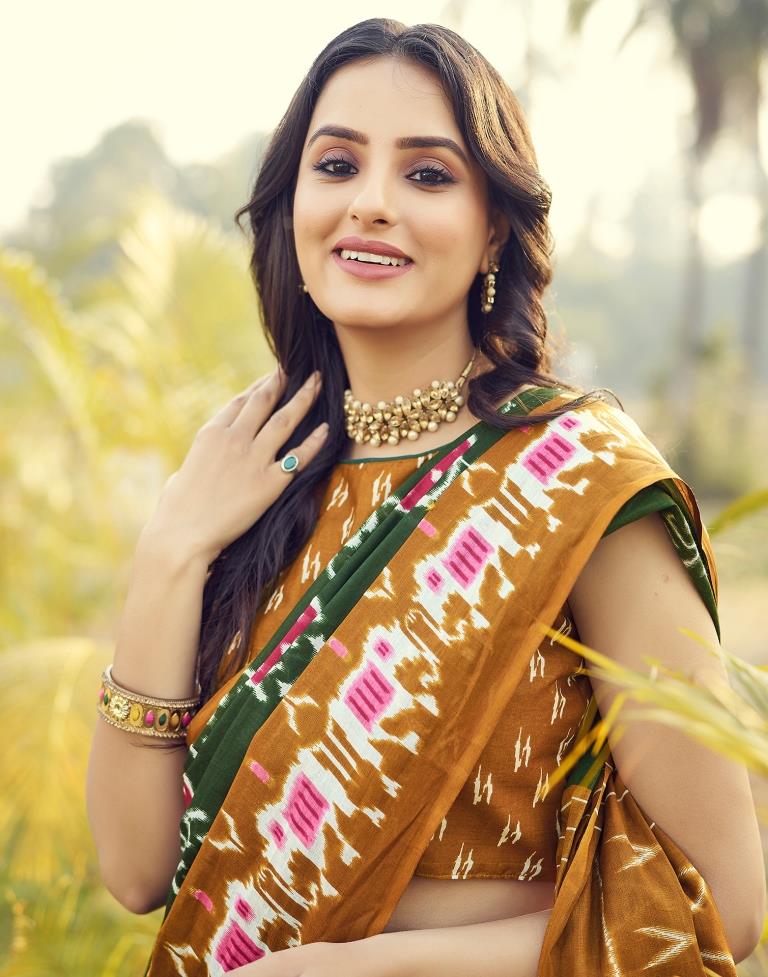 Stunning Brownish Orange and Green Cotton Saree