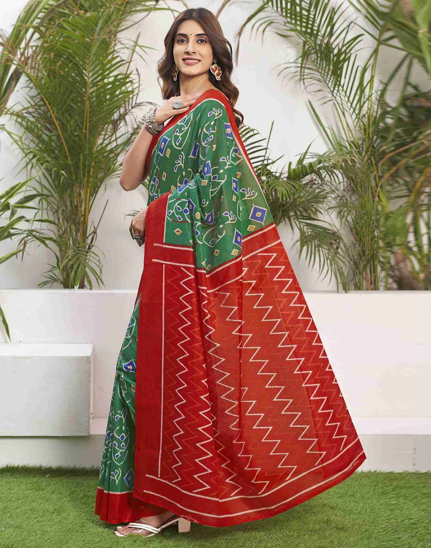 Vibrant Green and Red Printed Cotton Saree