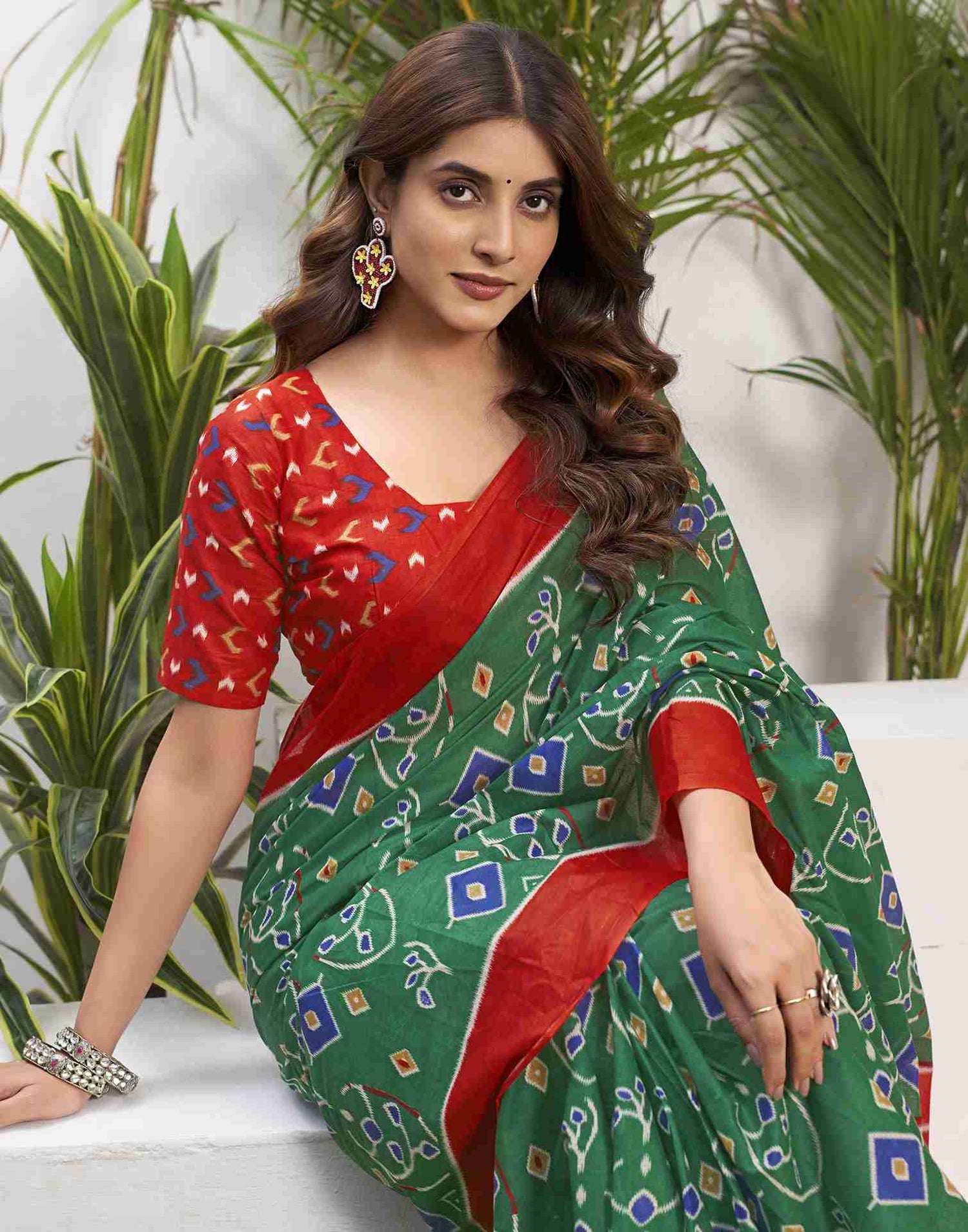 Vibrant Green and Red Printed Cotton Saree