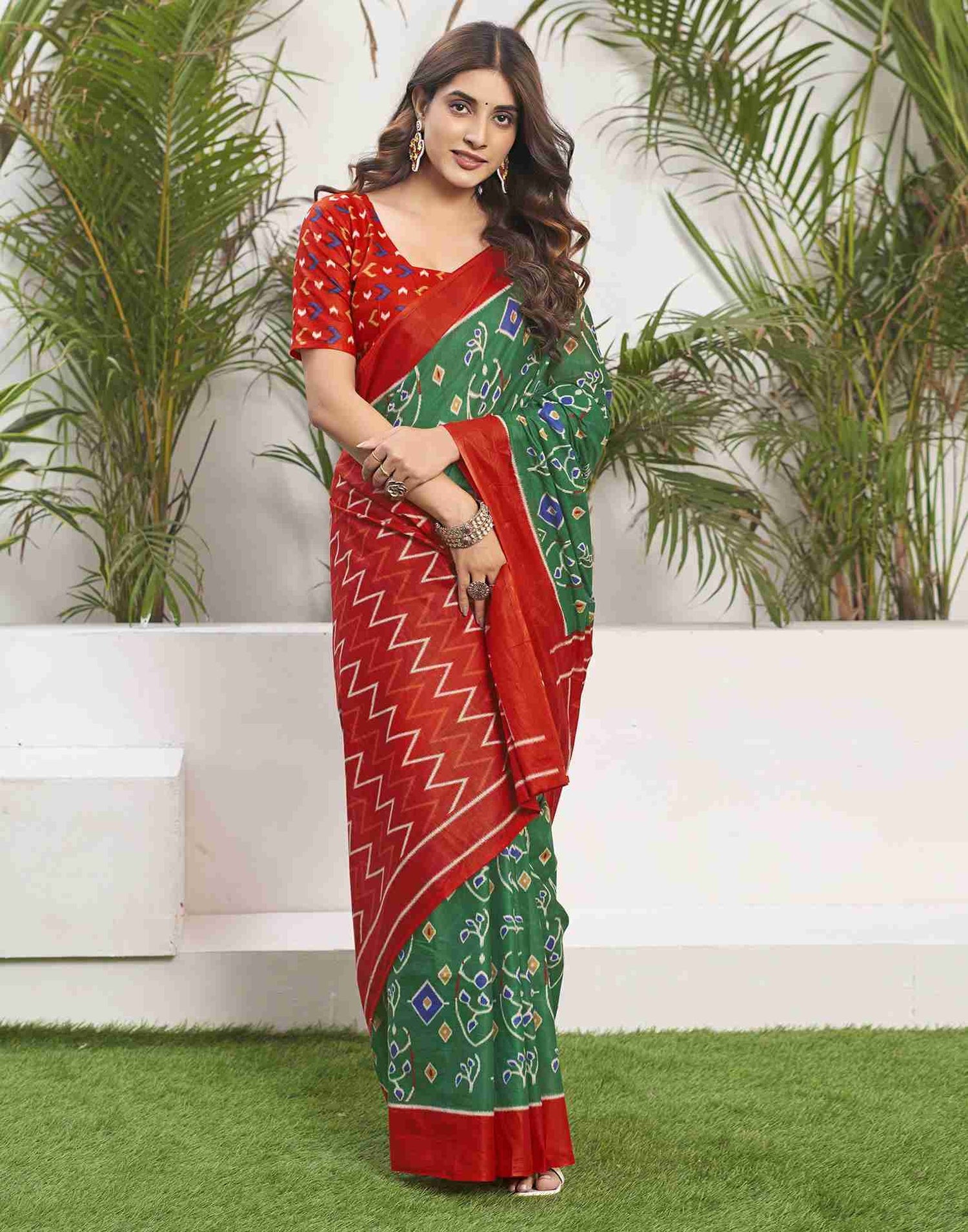 Vibrant Green and Red Printed Cotton Saree