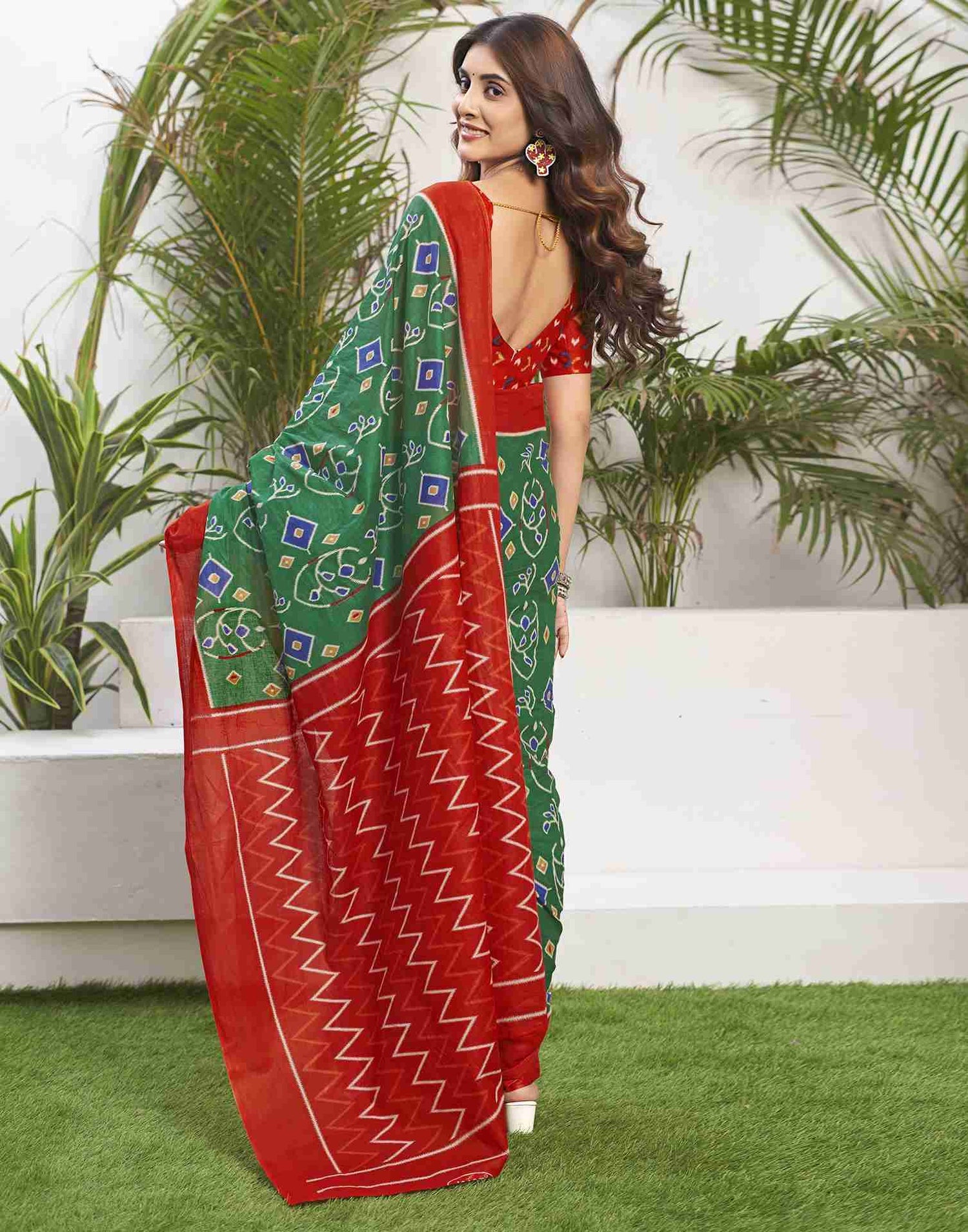 Vibrant Green and Red Printed Cotton Saree