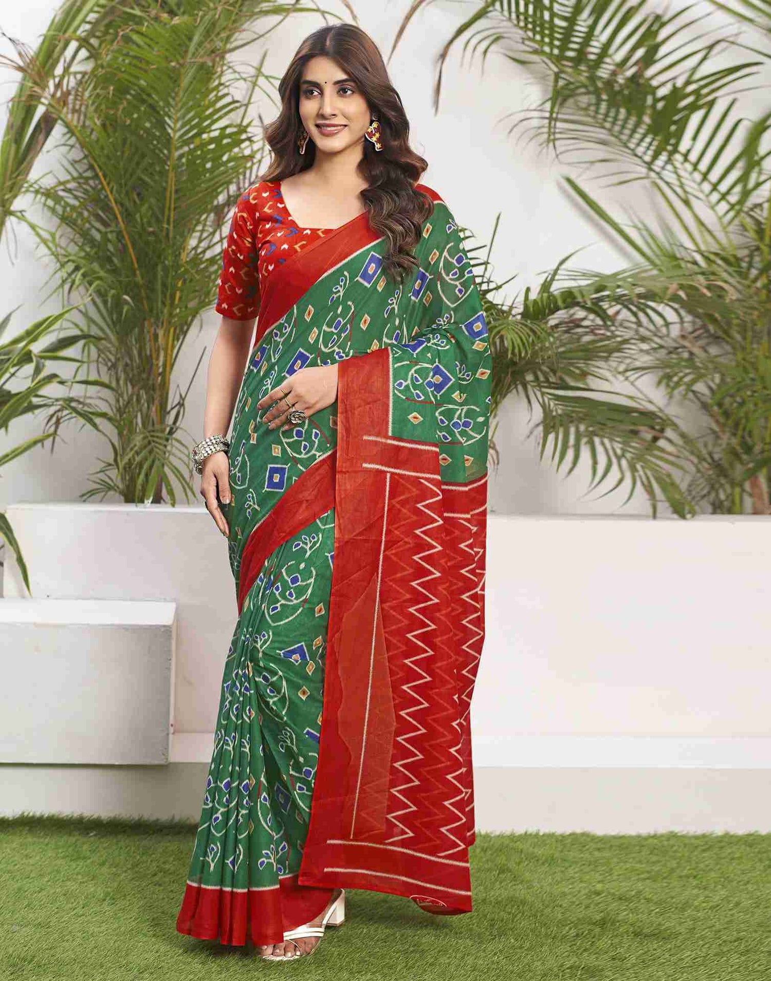 Vibrant Green and Red Printed Cotton Saree