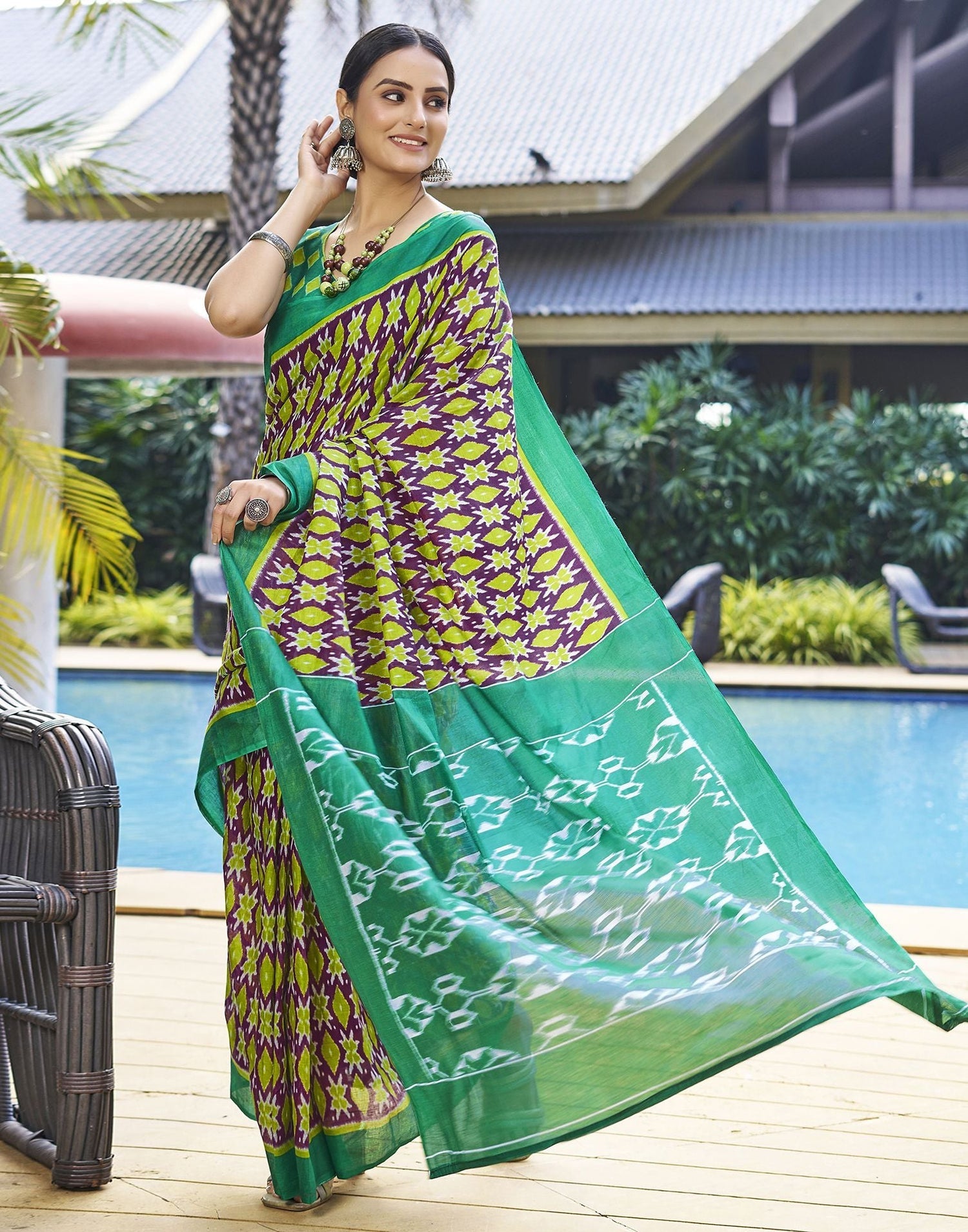 Elegant Purple Green  Cotton Saree