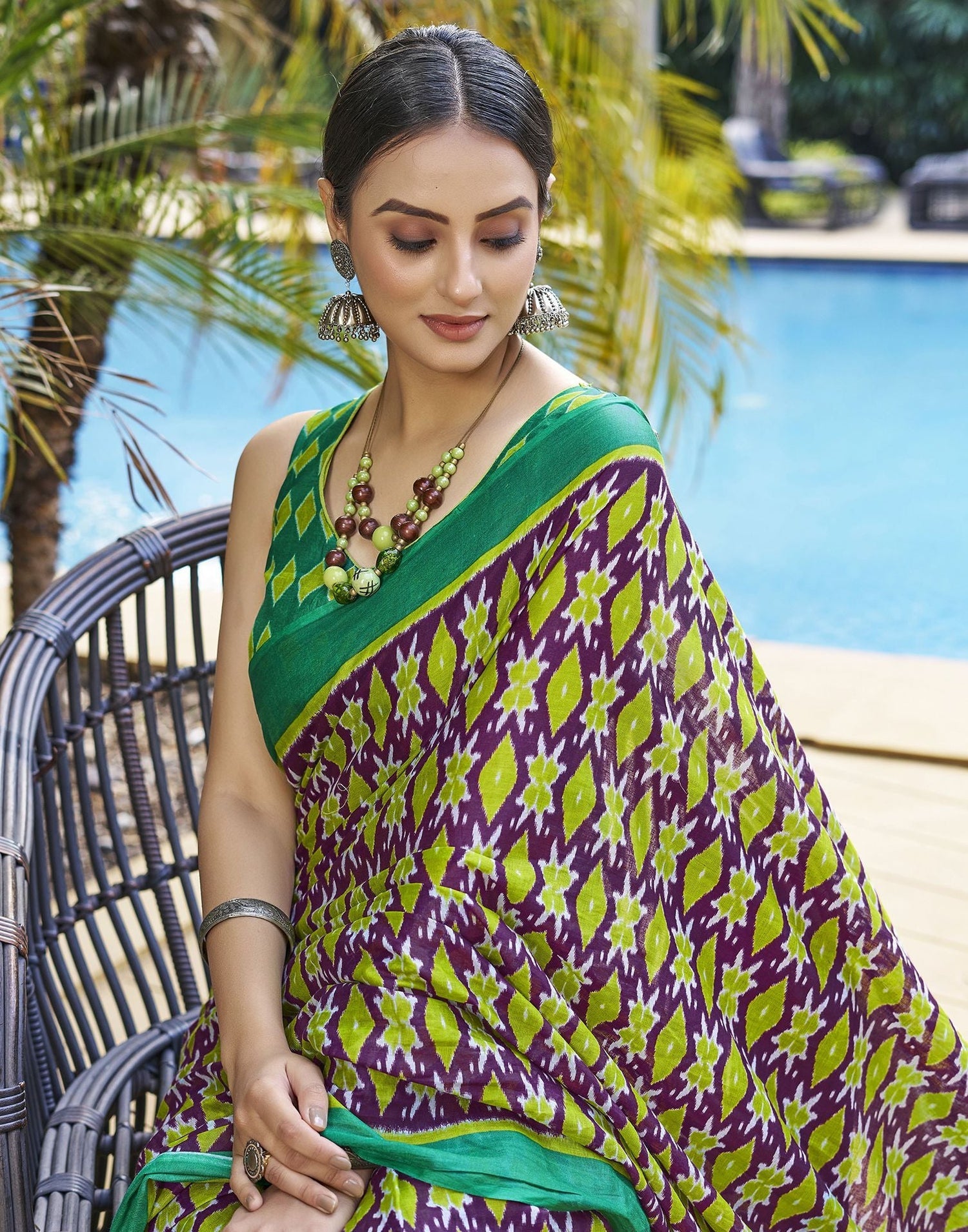 Elegant Purple Green  Cotton Saree