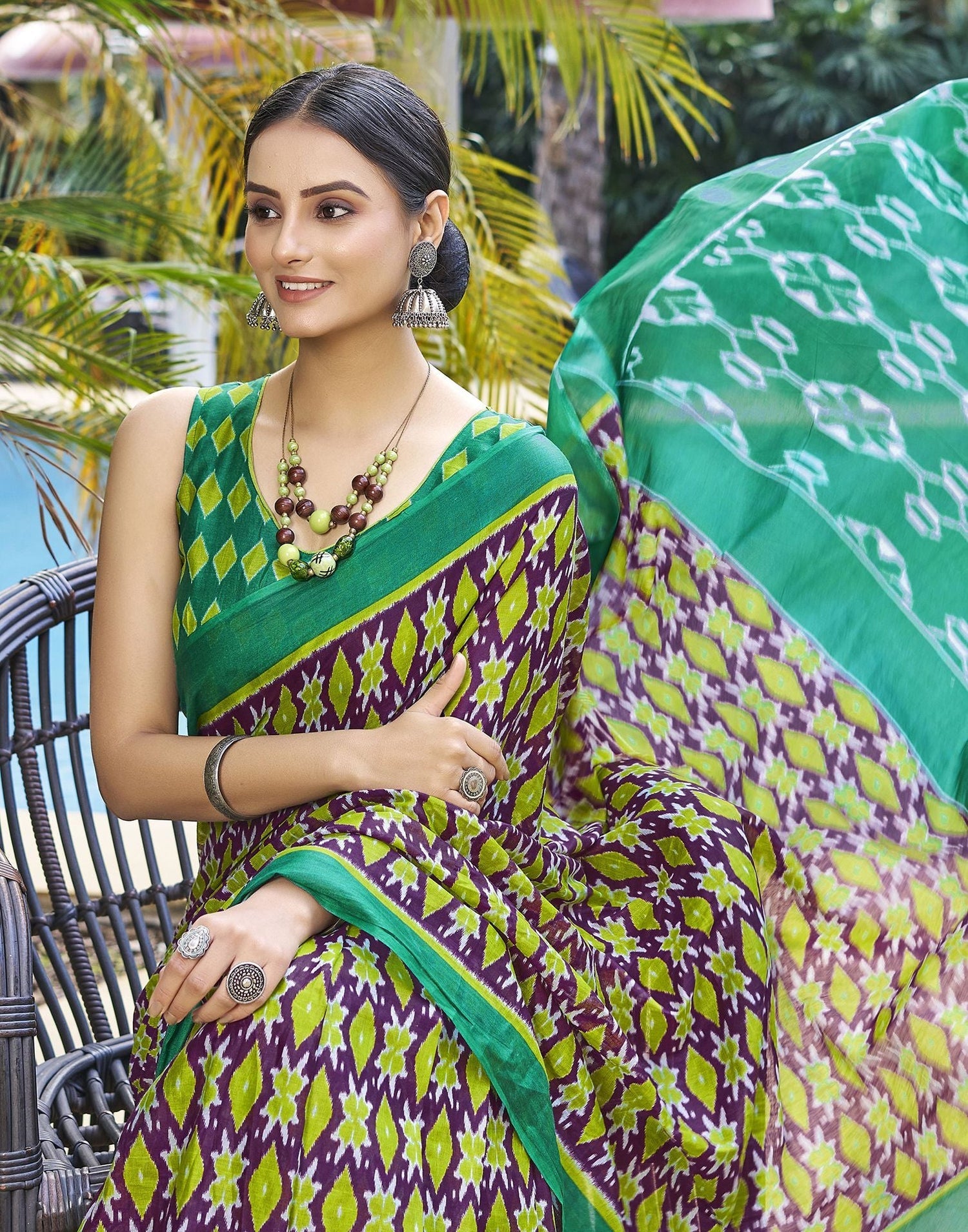 Elegant Purple Green  Cotton Saree